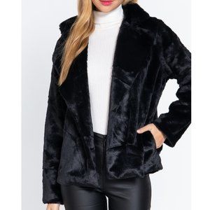 NOTCHED COLLAR OPEN FRONT FAUX FUR JACKET